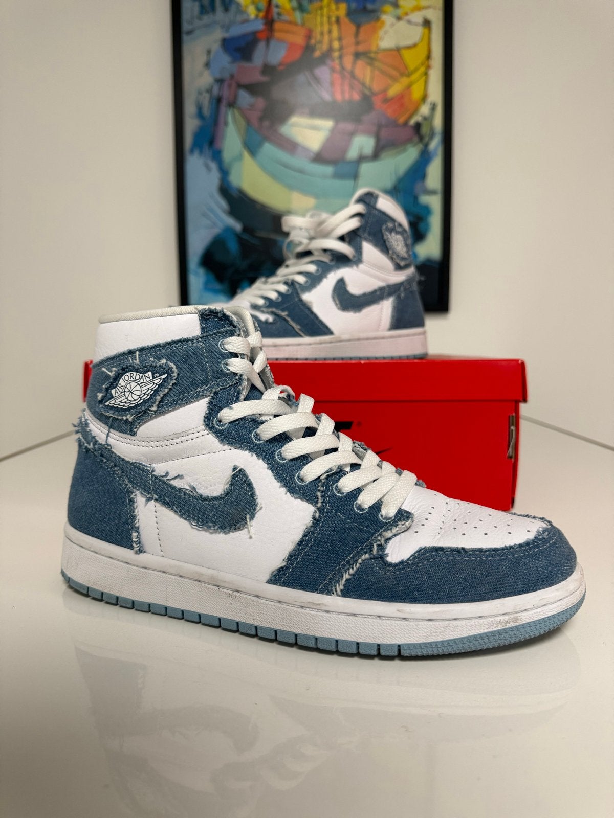 Jordan 1 Retro High OG Denim (Womens), Sneakers of Gympen, Gedragen, Verzenden, Blauw