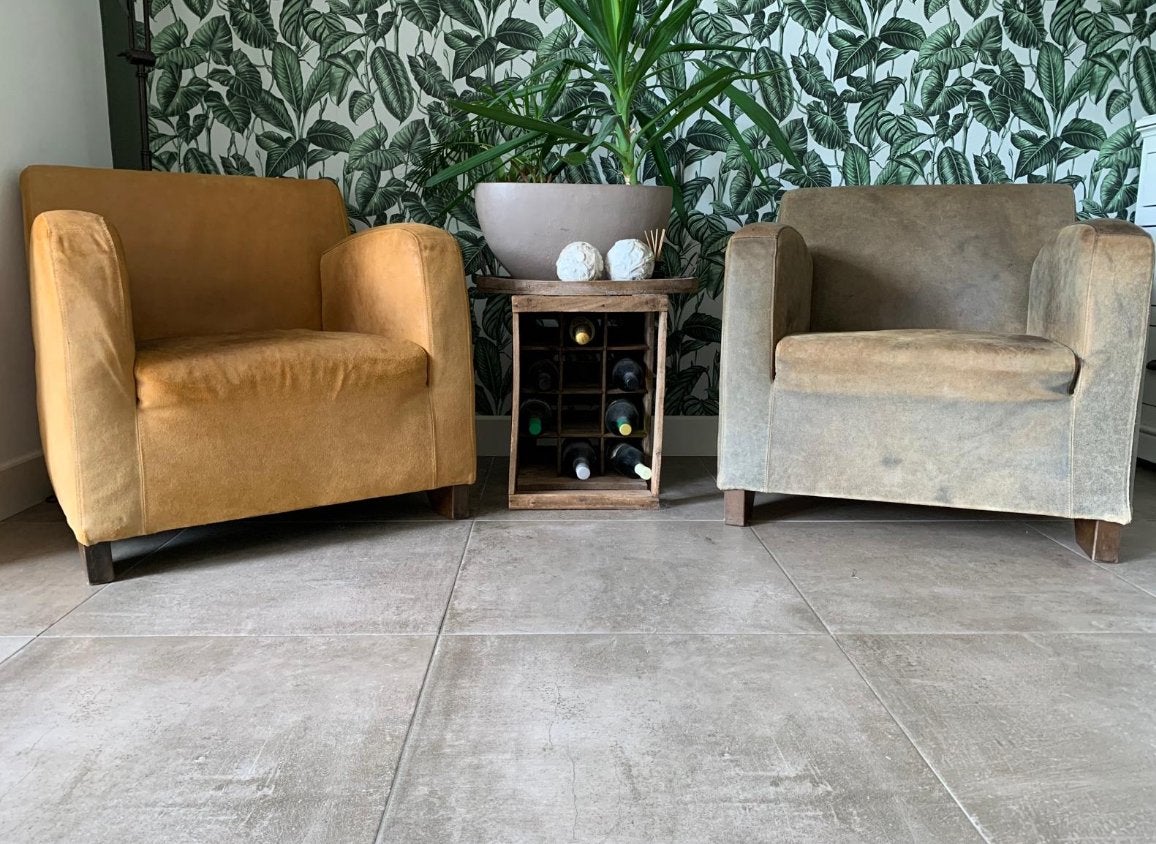 Twee comfortabele fauteuils - okergeel en groen, Ophalen, Gebruikt, Stof, 75 tot 100 cm