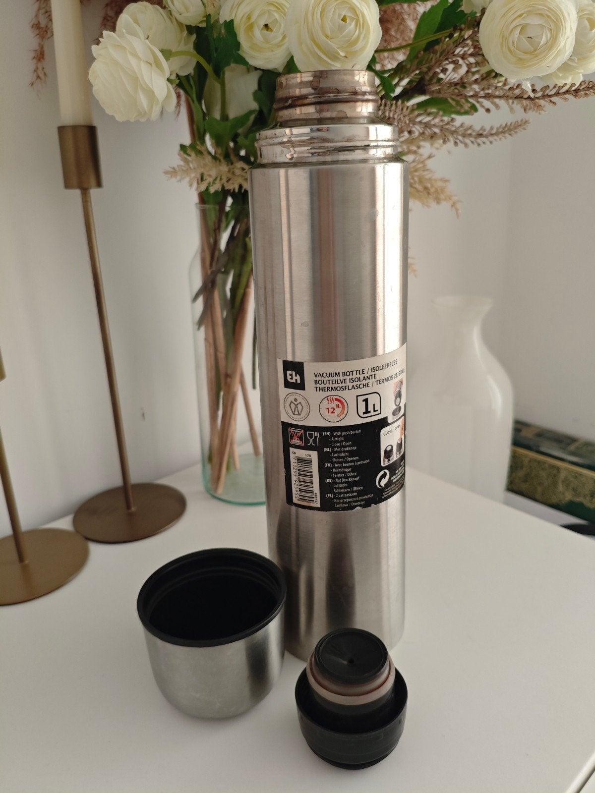 RVS thermosfles/isoleerkan/ thermoskan 1L 12 uur warm, Ophalen, Gebruikt