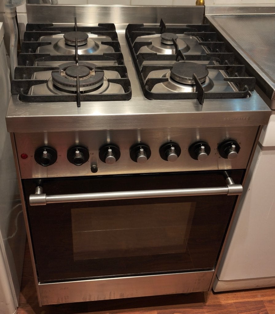Nette Solitaire (Bosch) RVS Gasfornuis met Oven: 60 cm, Witgoed en Apparatuur, Ophalen, 60 cm of meer, 4 kookzones, Zo goed als nieuw
