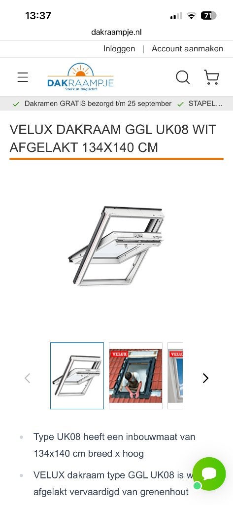Velux Dakraam GGL UK08 Wit Afgelakt 134x140 cm, Ophalen, 120 tot 160 cm, Nieuw, Dubbelglas