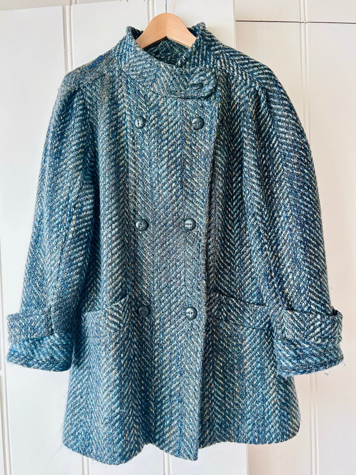 Vintage Tweed Jas - Blauw/Grijs - Maat 38, Ophalen of Verzenden, Gedragen, Maat 38/40 (M), Blauw
