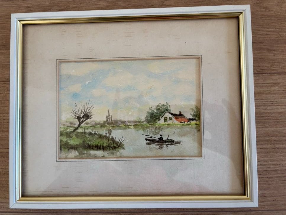 Schilderij: Hollands landschap met huisje en bootje, Antiek en Kunst, Ophalen, Realistisch, Landschap, Aquarel