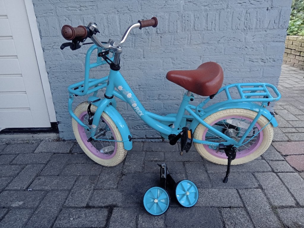 Puck Nogan kinderfiets met zijwieljes 14 inch, Ophalen, Terugtraprem, Zijwieltjes, Gebruikt