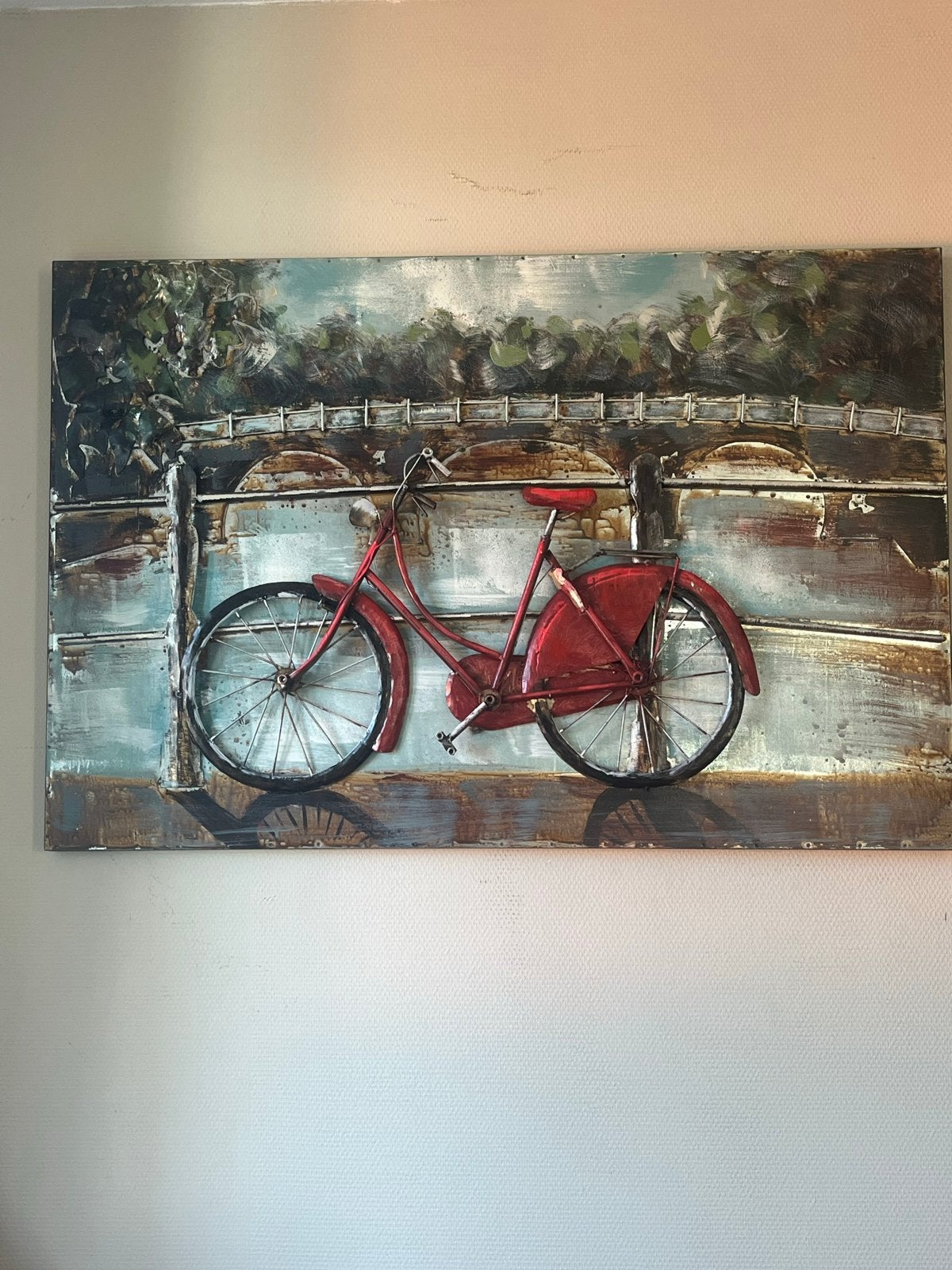 Uniek 3D Schilderij: Rode Fiets op Brug, Oorspronkelijke maker, Ophalen of Verzenden, Zo goed als nieuw, Schilderij