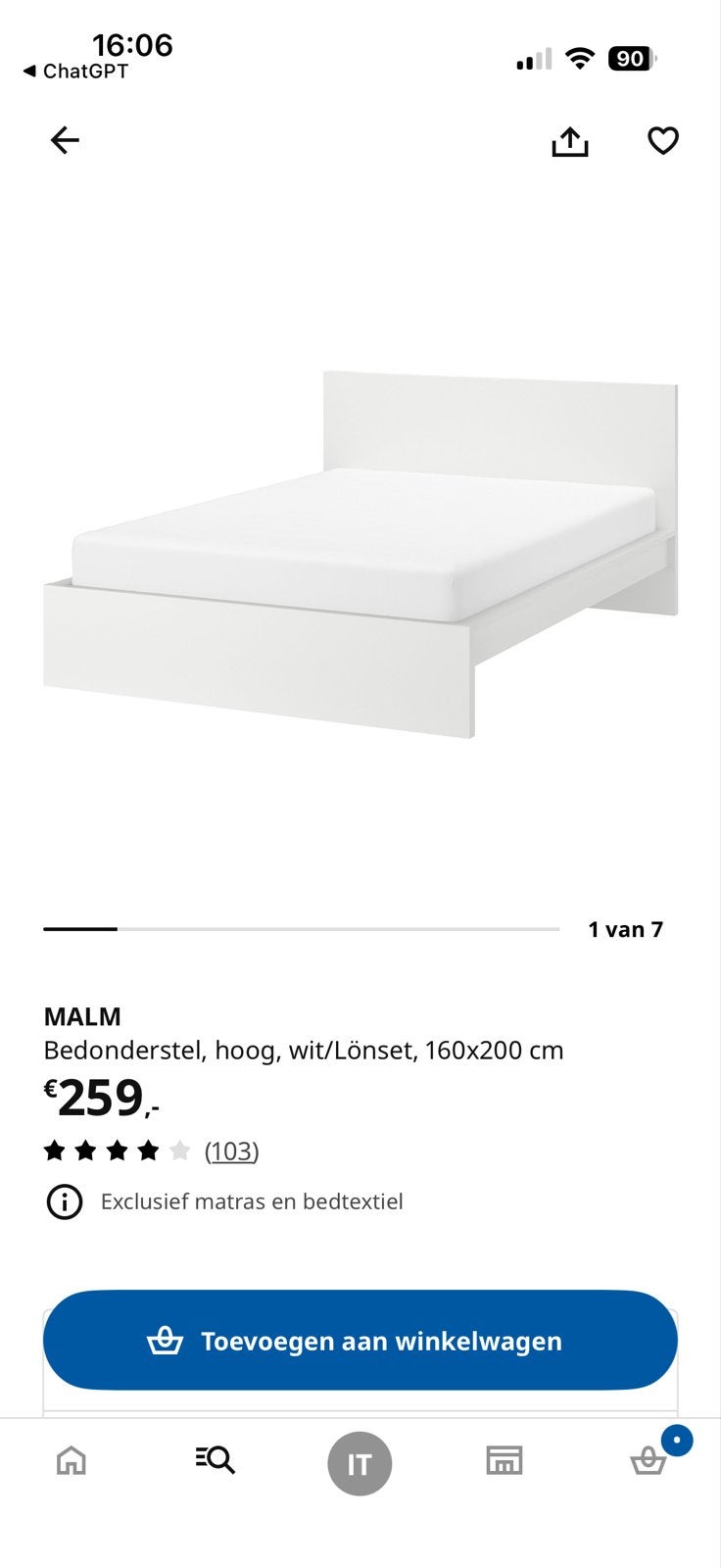 IKEA MALM Bed wit met Lönset lattenbodem 160x200, Ophalen, Gebruikt, Wit, Tweepersoons