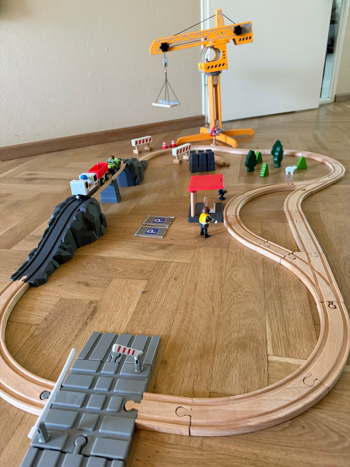 Houten treinbaan en hijskraan - uitbreidingsset, Ophalen of Verzenden, Gebruikt