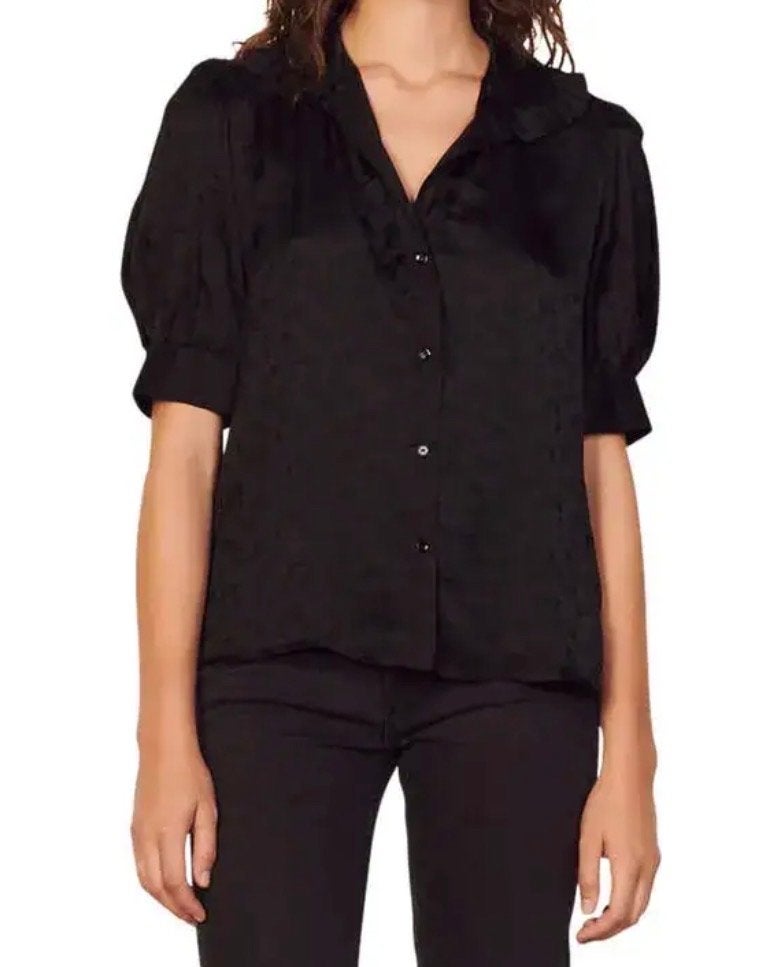 Sandro Paris Zwarte Blouse met Ruches en Pofmouwen, Ophalen of Verzenden, Zo goed als nieuw, Maat 36 (S), Zwart