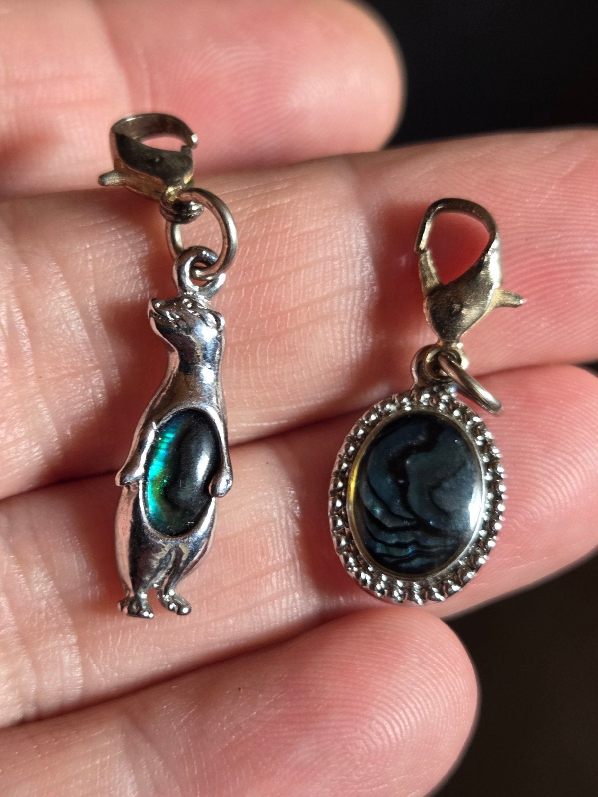 Zilveren kleur en bedels met abalone inleg - Otter en ovaal, Sieraden, Tassen en Uiterlijk, Bedels, Overige merken, Gebruikt, Glas of Kristal