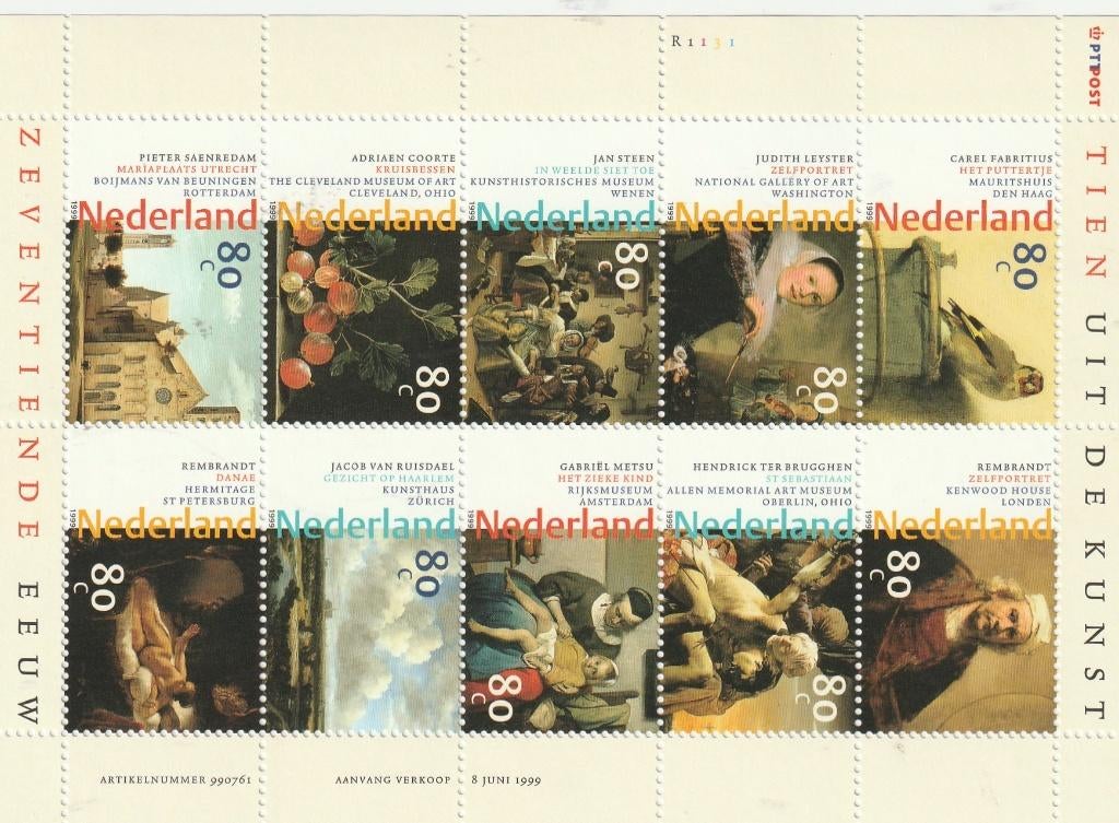 Postzegels uit 1999 - Velletje 17e eeuwse Ned. Schilderkunst, Ophalen of Verzenden, Na 1940, Postfris