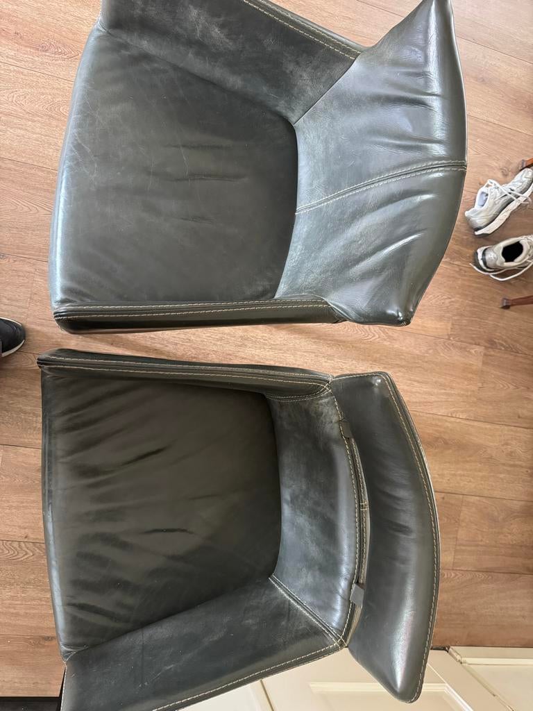 6 donkergroene leren stoelen met zilver metalen poten, Overige kleuren, Leer, Ophalen of Verzenden, Zo goed als nieuw