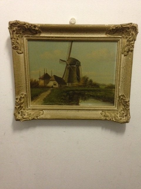 Schilderij 'Landschap met molen' Olieverf op paneel, Antiek en Kunst, Ophalen of Verzenden