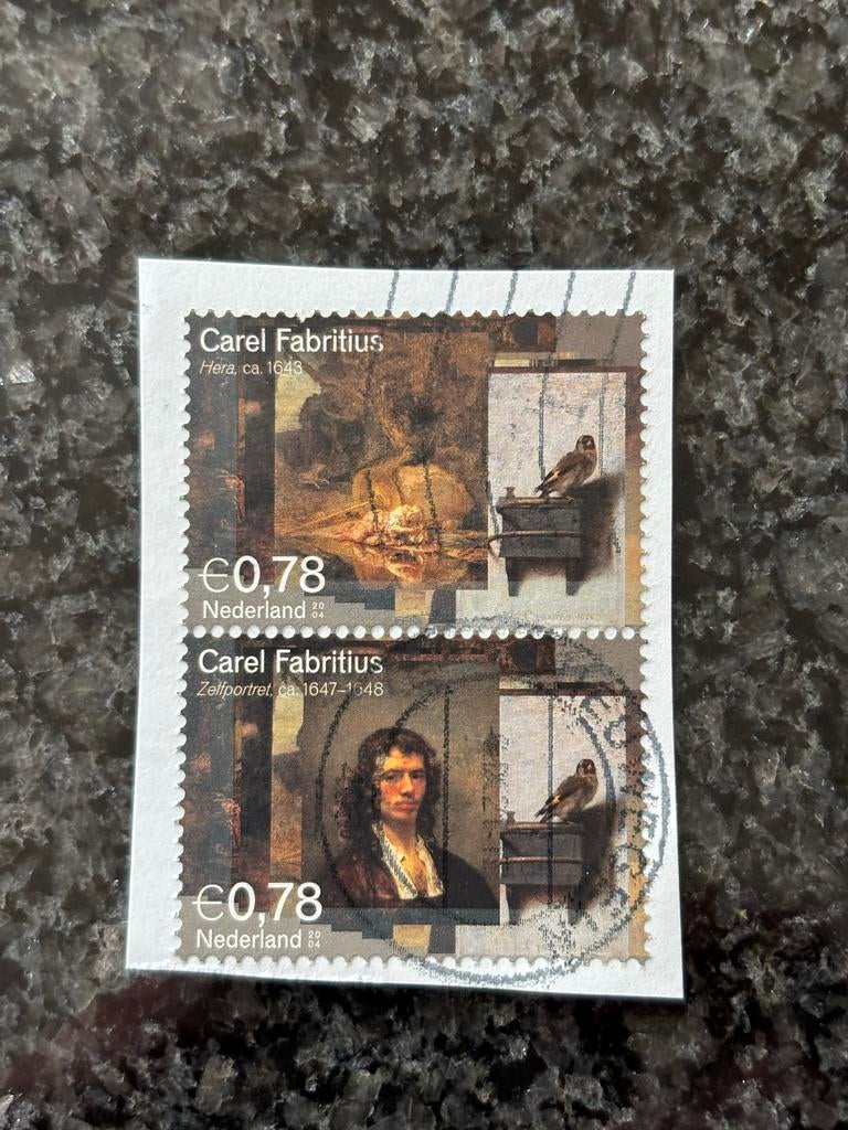 Twee gestempelde postzegels Nederland Carel Fabritius, Verzenden, Na 1940, Gestempeld