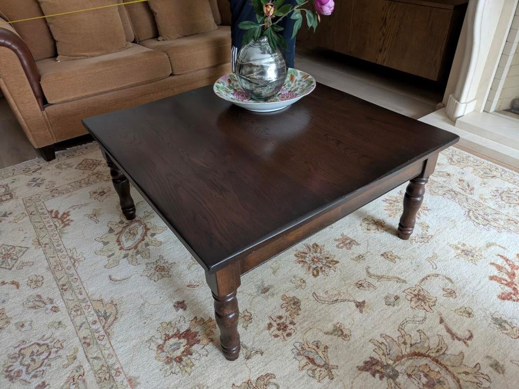 Massief koloniale houten salontafel met lade en hoektafel, Ophalen, Gebruikt, 50 tot 100 cm, Vierkant