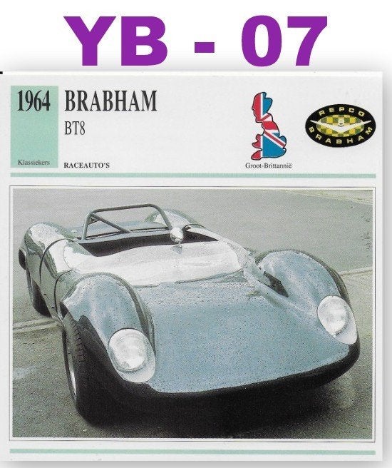 Yb07 autokaart brabham bt8 ( 1964 )  afmeting 14 cm x 14 cm, Ophalen of Verzenden, Zo goed als nieuw, Auto's