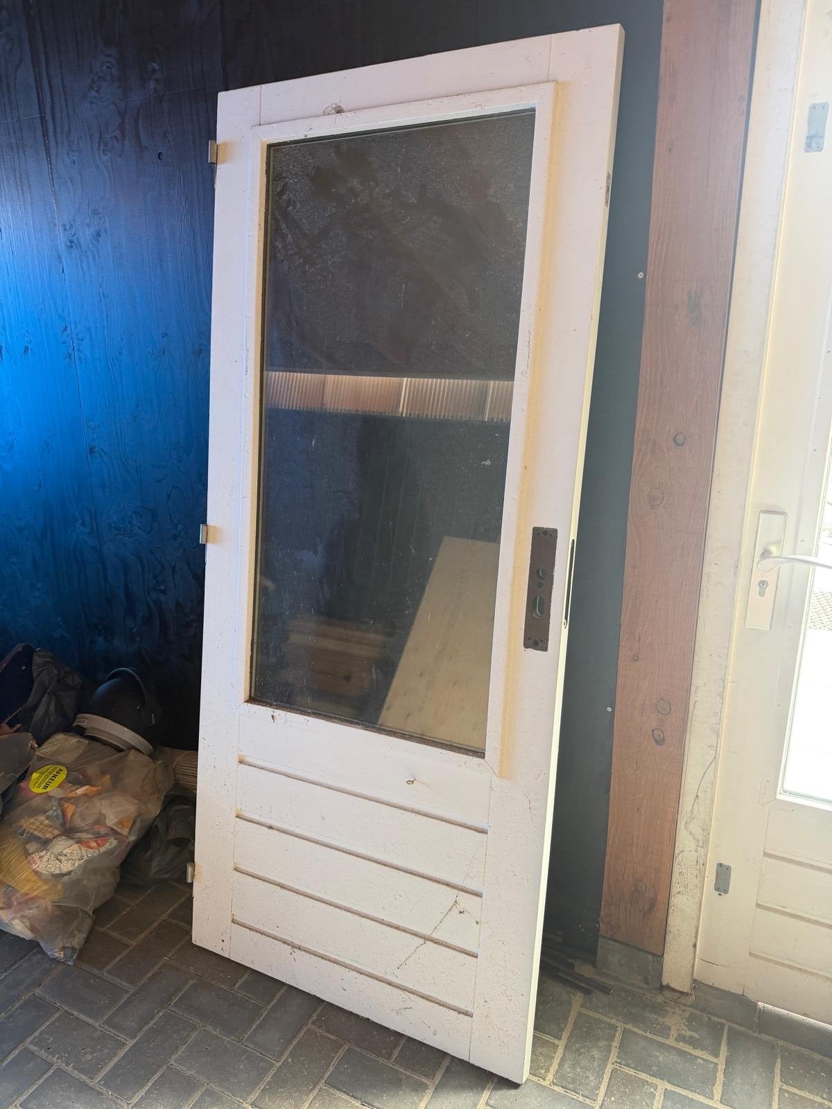 Hardhouten buiten deur met glas, Ophalen, Gebruikt, 80 tot 100 cm, Binnendeur