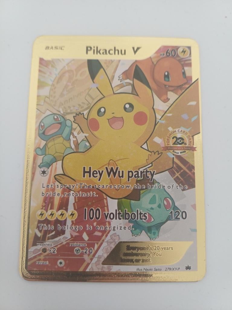 Gouden metalen Pikachu V Pokémon kaart, Ophalen of Verzenden, Zo goed als nieuw, Losse kaart