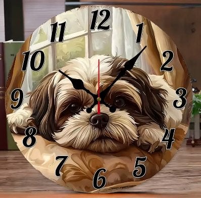 Ronde wandklok van hout Bruine puppy hond (25cm)