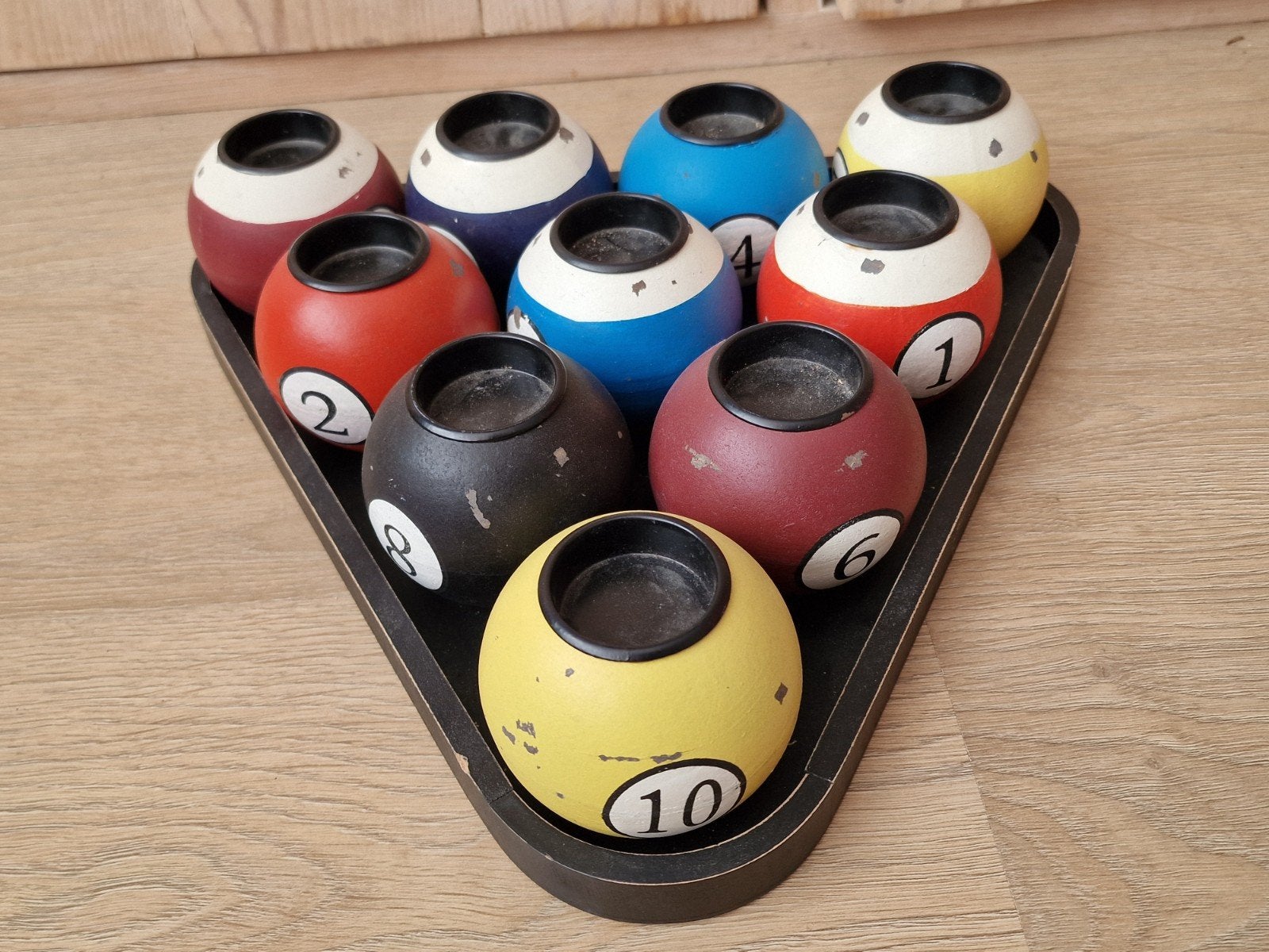 Vintage Biljartballen Theelichthouders met Rek, Gebruikt, Meerkleurig, Ophalen of Verzenden, Vintage