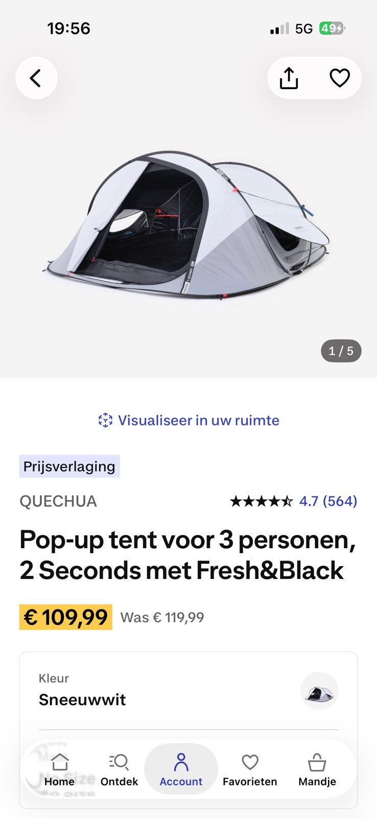 Quechua pop up tent voor 3 personen, Ophalen, Zo goed als nieuw, Tot en met 2