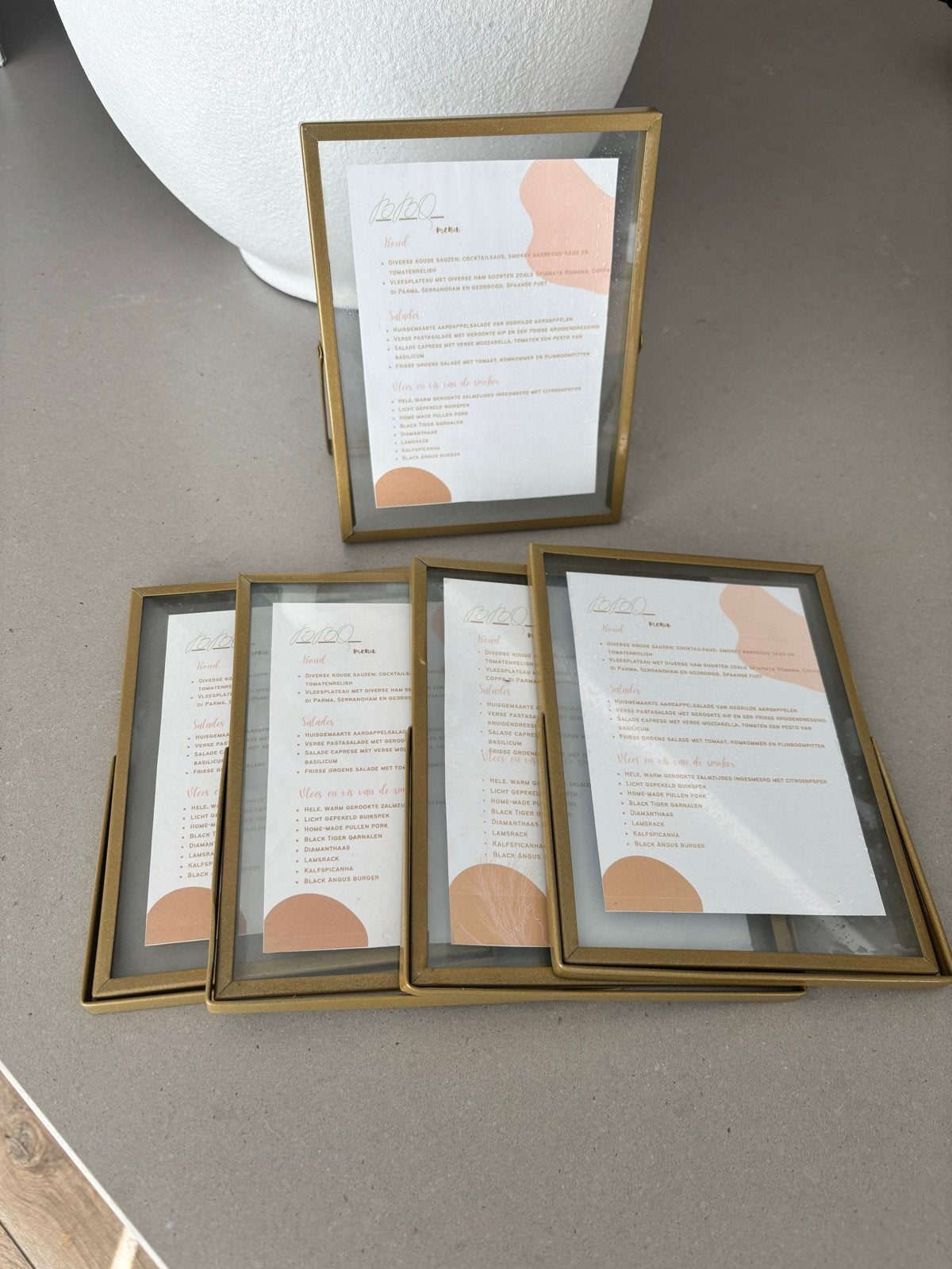 6 gouden fotolijstjes voor menukaarten of foto's, Huis en Inrichting, Woonaccessoires | Lijsten, Ophalen, Zo goed als nieuw, Fotolijst