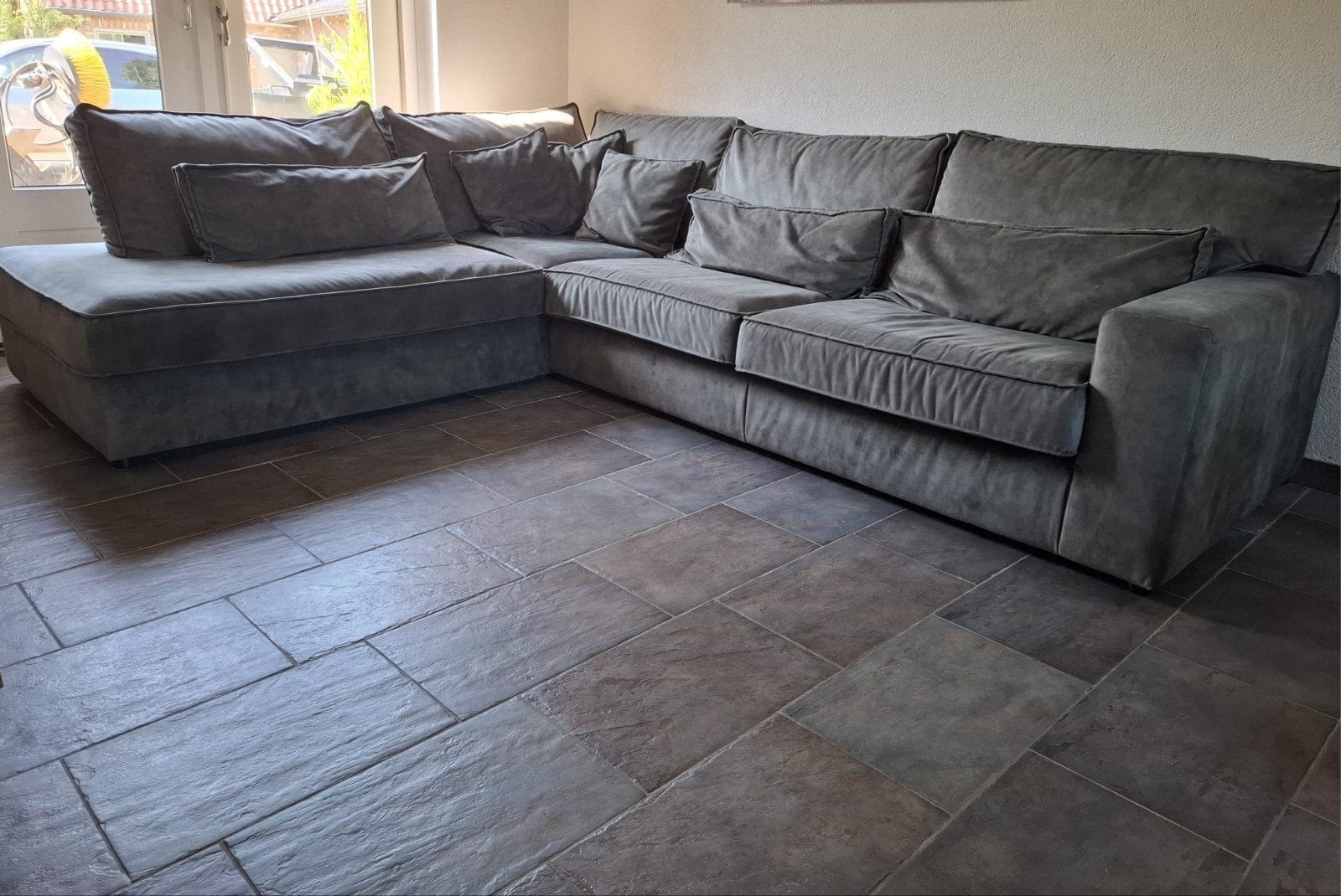 Grote groene hoekbank met chaise longue, Ophalen, Gebruikt, Stof, Modern comfort