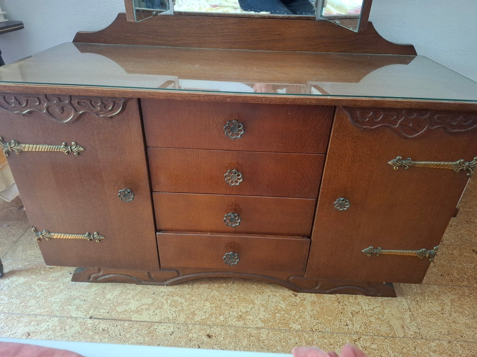 Dressoir met spiegel vintage, Ophalen, Gebruikt, 100 tot 150 cm, Met lade(s)