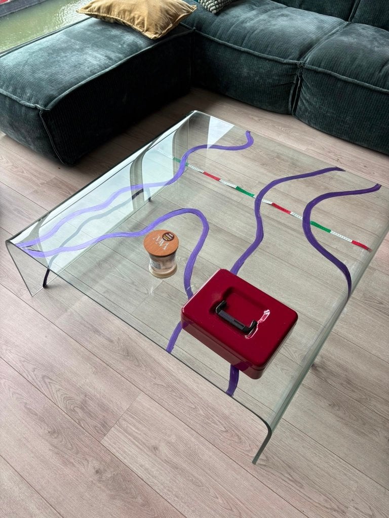 Design glazen salontafel 100x100 cm – gebogen glas, Ophalen, Gebruikt, 100 tot 150 cm, Design, Modern, Minimalistisch, Glas, Gebogen glas, Sculpturaal