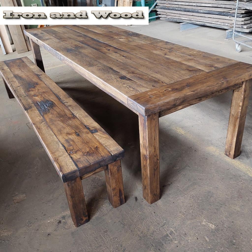 Stoere maatwerk tafel - eettafel van oude eiken wagonplanken, Ophalen, Nieuw, Hout, Landelijk