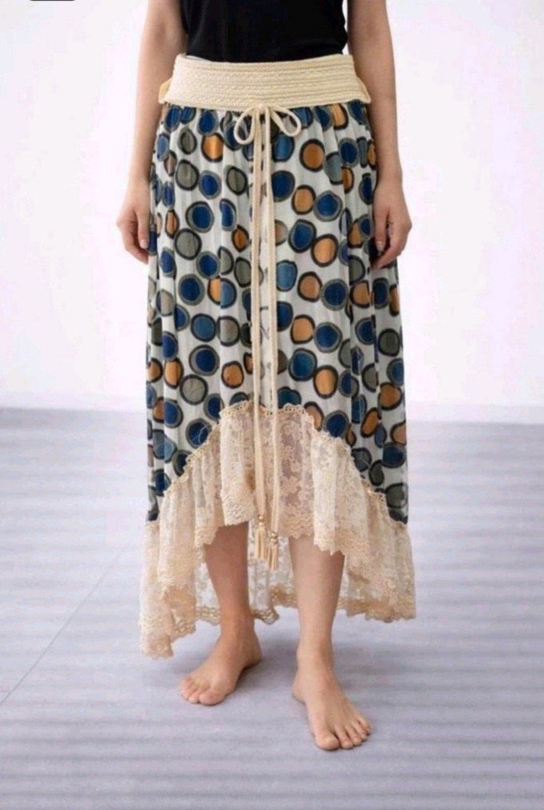 Bohemian Maxi Rok met Retro Stippenprint en Kant - Maat S, Meerkleurig, Ophalen of Verzenden, Maat 36 (S), Gedragen