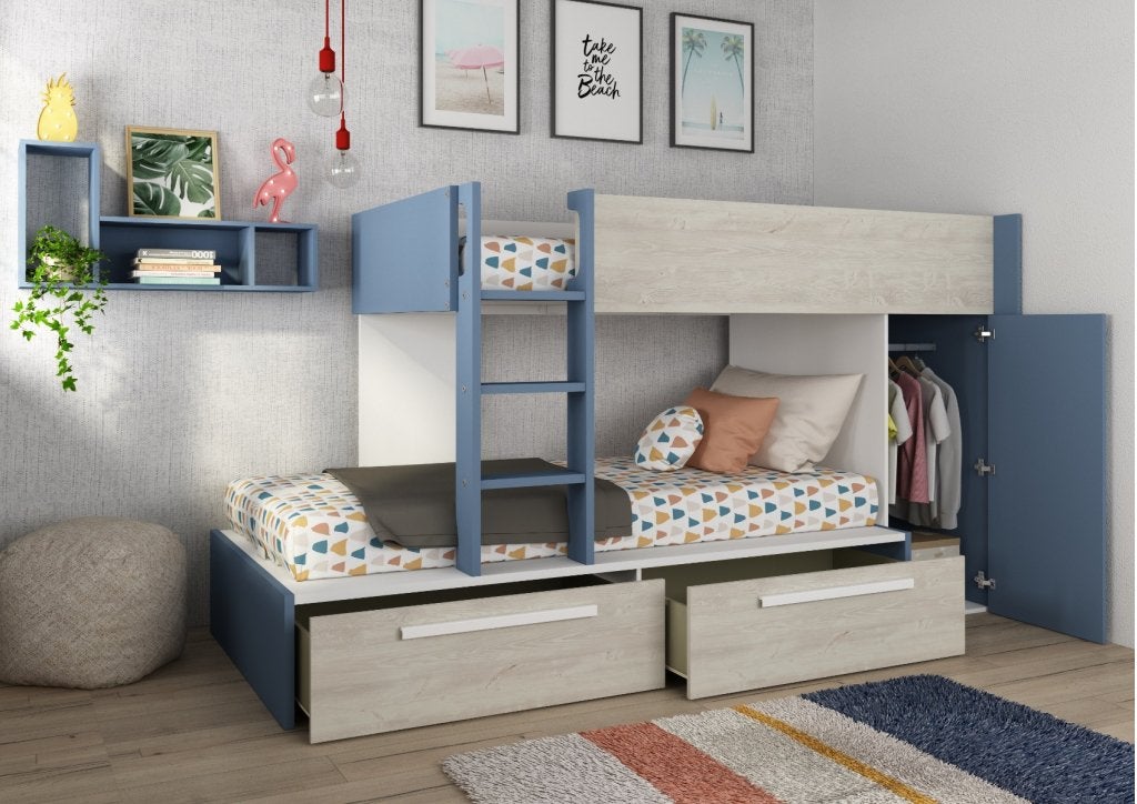 Jules stapelbed met kast en lades - 90x200 - Blauw, Niet ingevuld, Niet ingevuld, Niet ingevuld