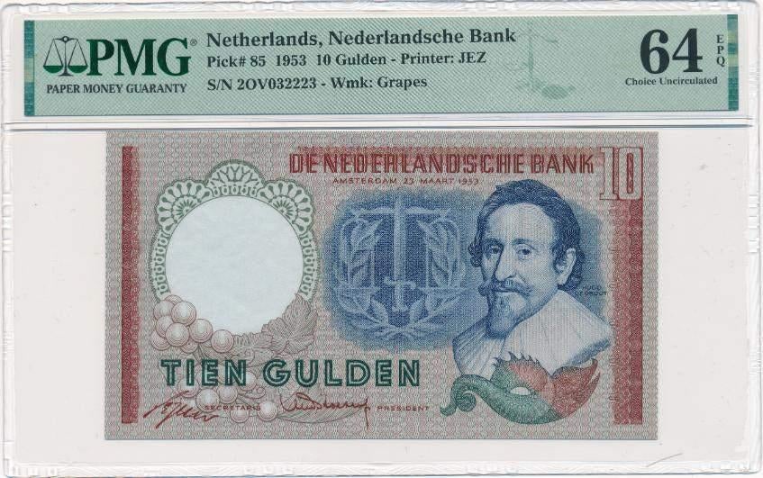 Nederland 10 gulden 1953 Hugo de Groot PMG64 EPQ, Postzegels en Munten, Bankbiljetten | Nederland, Ophalen of Verzenden, 10 gulden