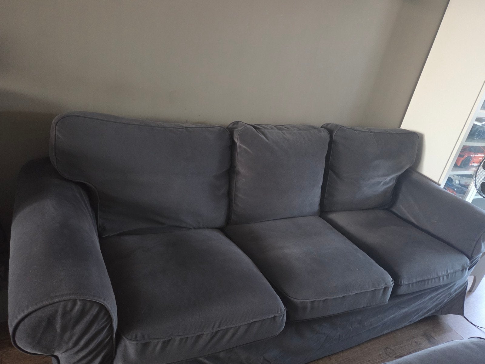 IKEA Ektorp 2- en 3-zitsbank met grijze Hakebo hoezen, Ophalen, Gebruikt, 75 tot 100 cm, Rechte bank