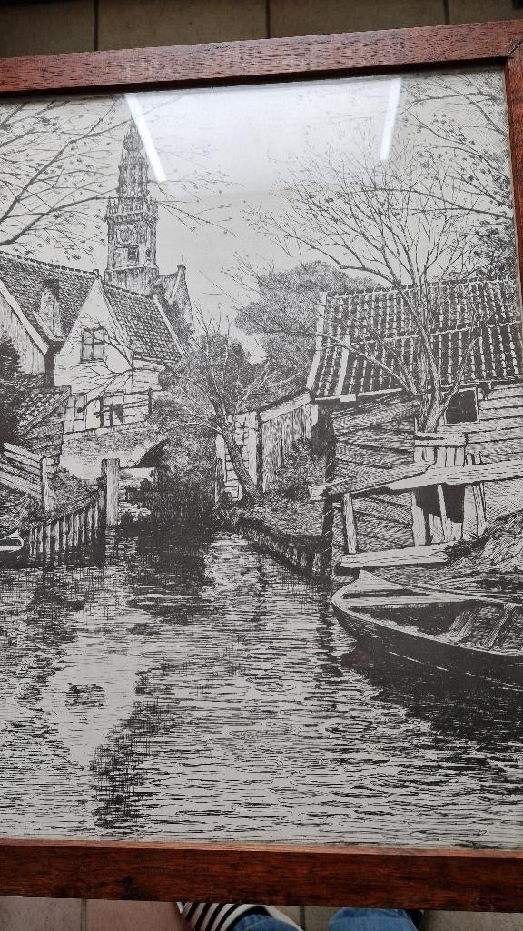 oude tekening ets print in zware lijst, Ophalen of Verzenden