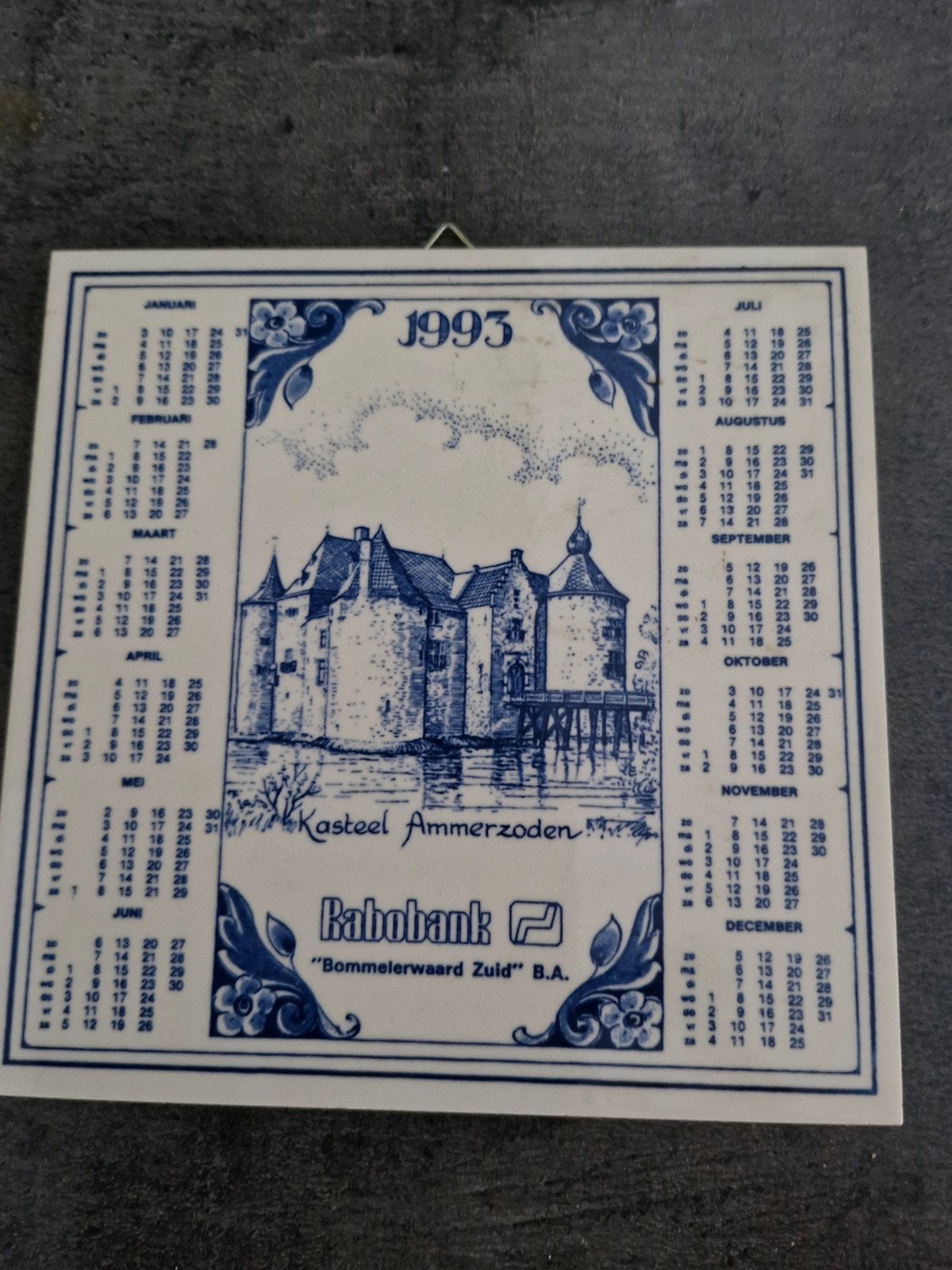 Delfts blauw tegeltje kalender 1993 Kasteel Ammerzoden, Ophalen of Verzenden