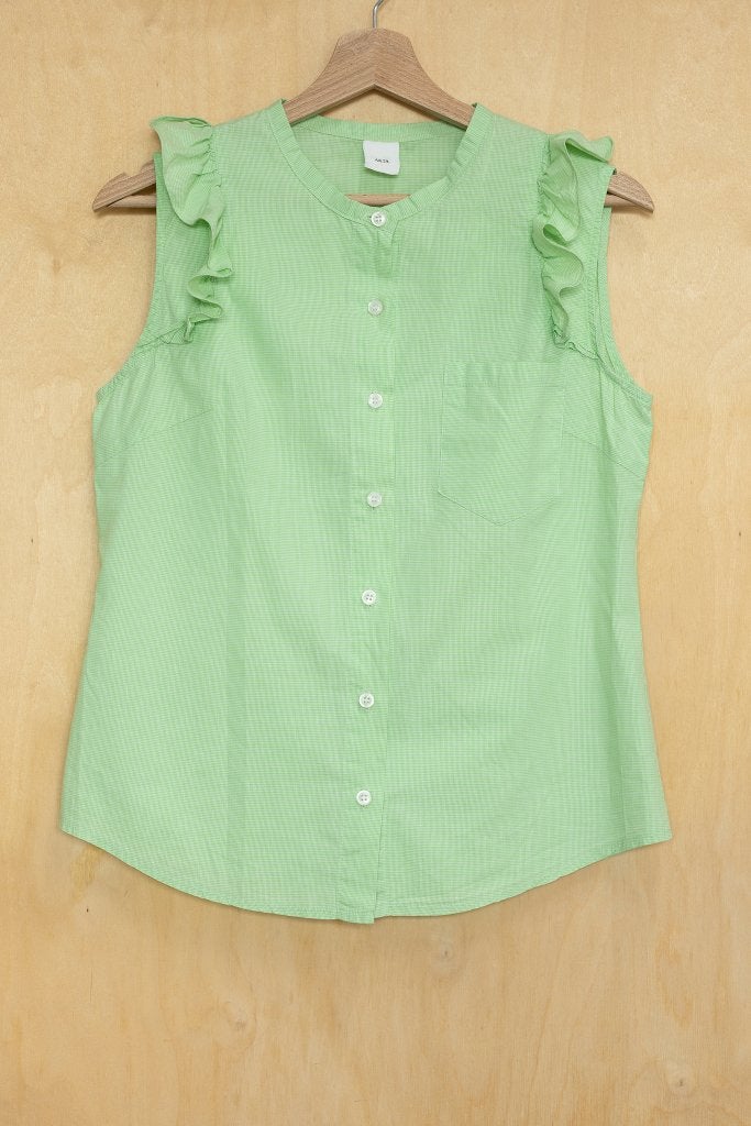 Akta katoenen mint groene blouse top ruffles, volants 38 M, Maat 38/40 (M), Akta, Ophalen of Verzenden, Zo goed als nieuw