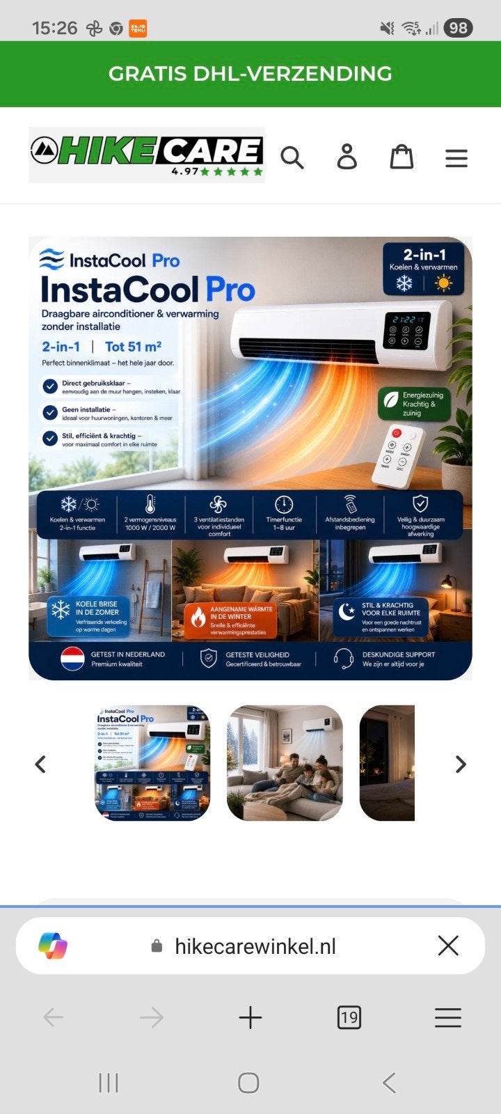 InstaCool Pro 2-in-1 Airco & Verwarming - Draagbaar, Witgoed en Apparatuur, Ophalen, Koelen en Ontvochtigen, Timer, Minder dan 60 m³