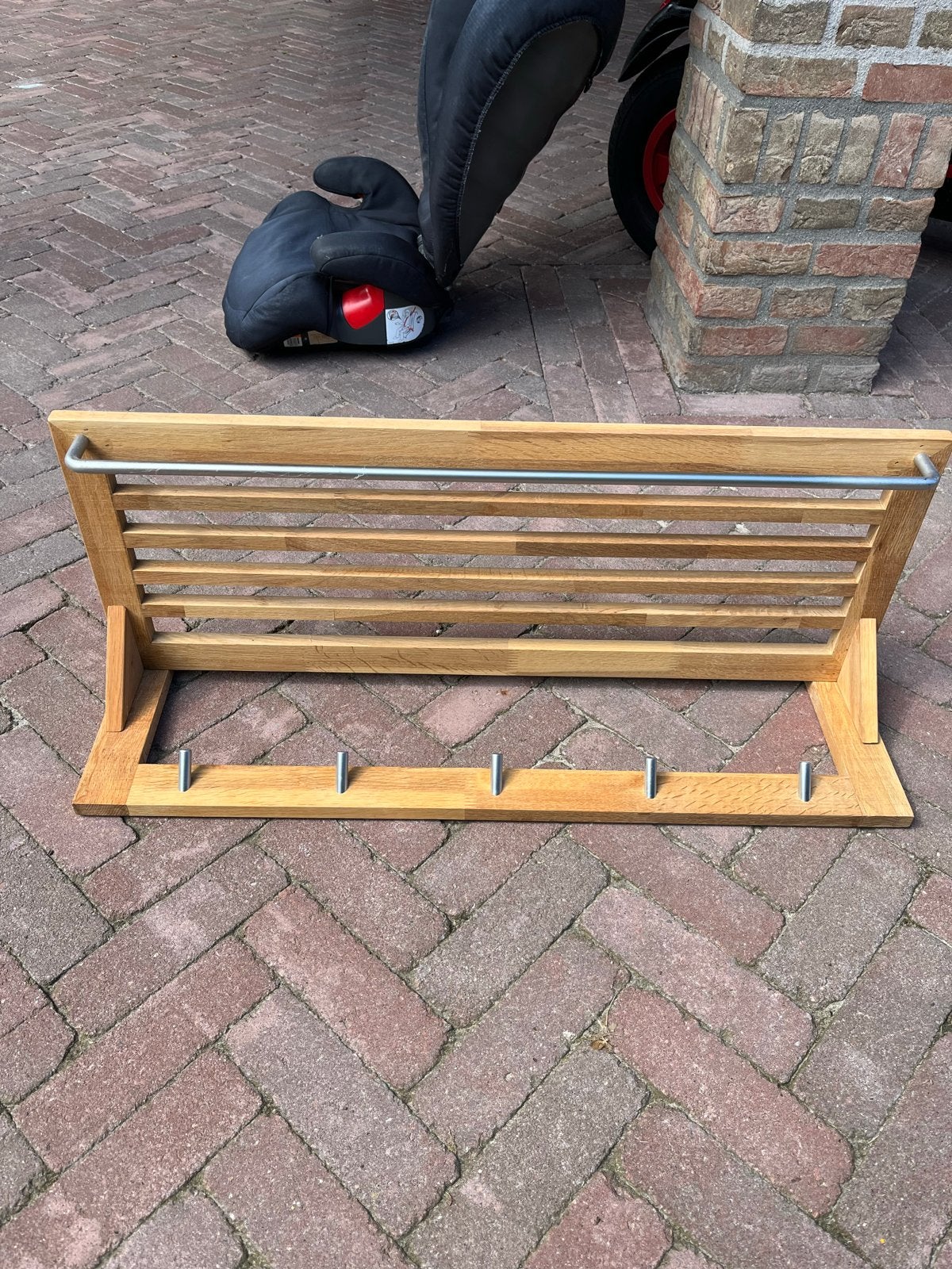 Eiken houten wandkapstok met roede en haken, Gebruikt, Minder dan 100 cm, Hout, Ophalen
