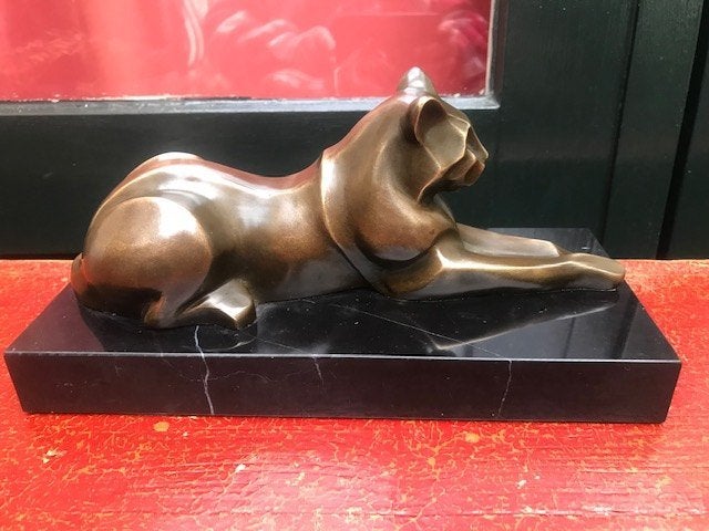 bronzen topbeeld, rustende kat, Art deco, Brons, Beeld, Gemerkt
