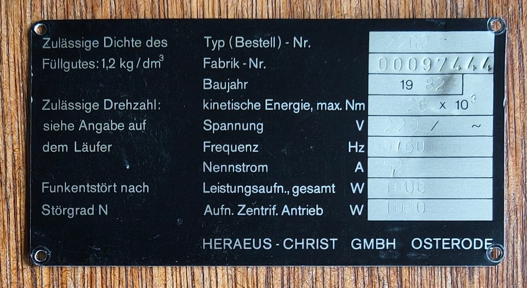 Typeplaatje HERAEUS-CHRIST GMBH OSTERRODE centrifuge, Ophalen of Verzenden