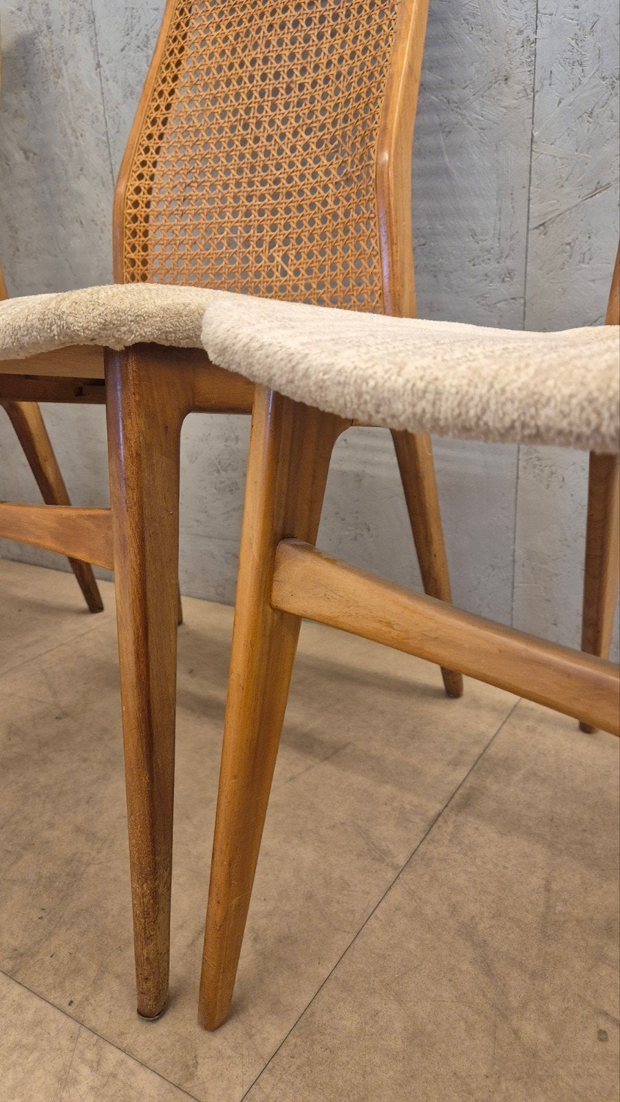3x Benze design eetkamerstoelen met rotan rugleuning, Ophalen, Gebruikt, Bruin, Benze Sitzmöbel
