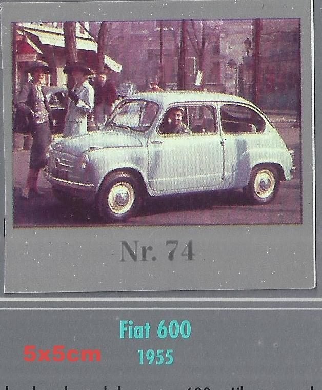 Vp82 verzamelplaatje 74-- fiat 600 --- 1955 -- 5 cm x 5 cm, Ophalen of Verzenden, Zo goed als nieuw, Auto's