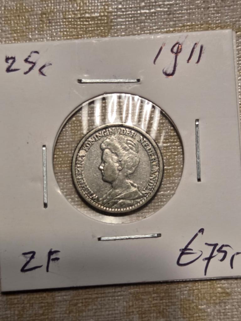 Zilveren 25 cent 1911 Koningin Wilhelmina, Postzegels en Munten, Munten | Nederland, Zilver, 25 cent, Ophalen of Verzenden, Koningin Wilhelmina