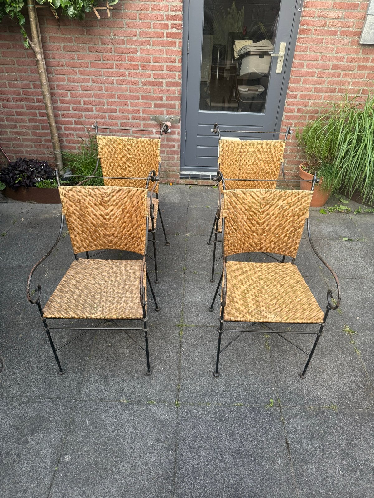 Set van 4 rotan/wicker tuinstoelen met metalen frame, Tuin en Terras, Tuinstoelen, Ophalen, Gebruikt, Metaal
