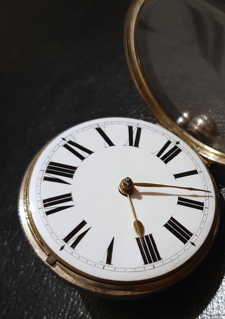 GROOT/ZWAAR zilveren zakhorloge in dubbele kast London 1836, Ophalen of Verzenden, Zilver, Overige typen, Met edelsteen