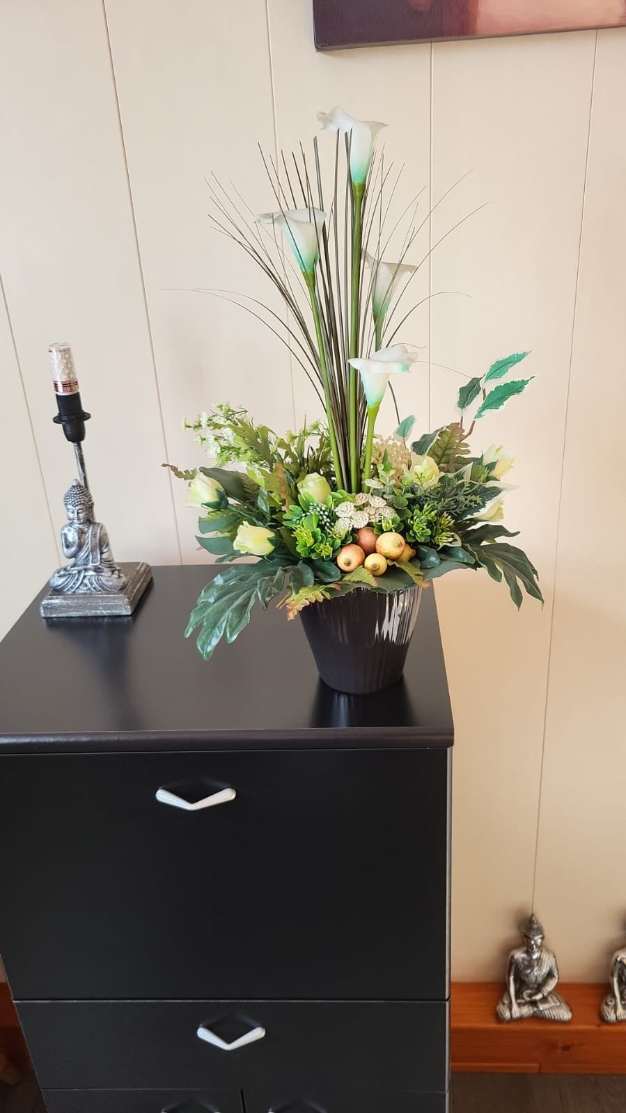 Prachtig kunstbloemstuk met Calla's, Binnen, Met pot of vaas, Ophalen of Verzenden, Kunststof