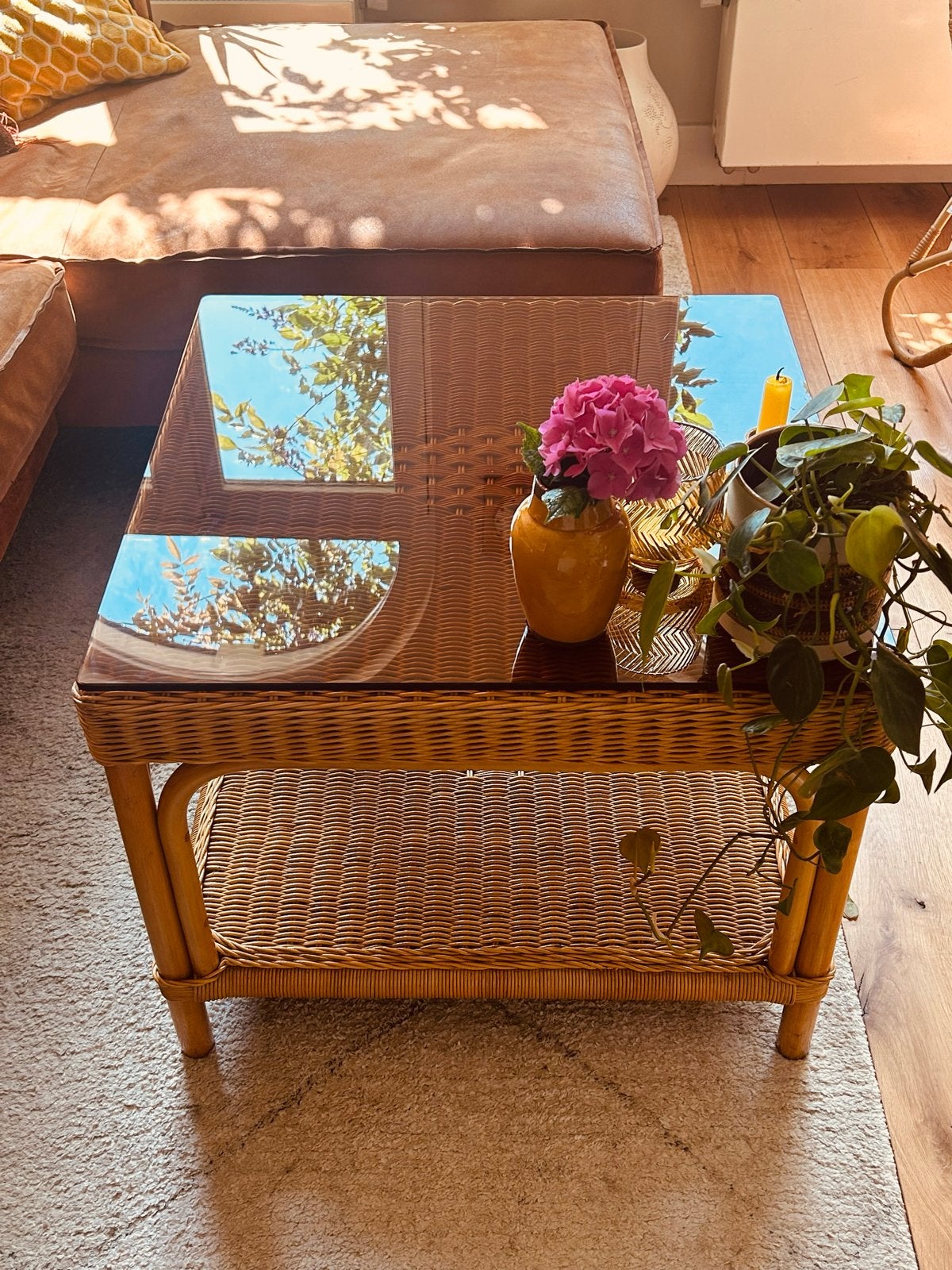 Unieke vintage rotan salontafel met rookglas, Ophalen, 50 tot 100 cm, Glas, 50 tot 100 cm