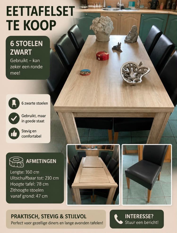 Uitschuifbare eettafel met 6 zwarte stoelen, Huis en Inrichting, Tafels | Eettafels, Ophalen, Modern en functioneel, Gebruikt