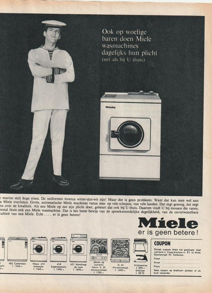 Retro reclame 1966 Miele wasmachine ook voor marine, Verzamelen, Retro, Verzenden, Overige typen
