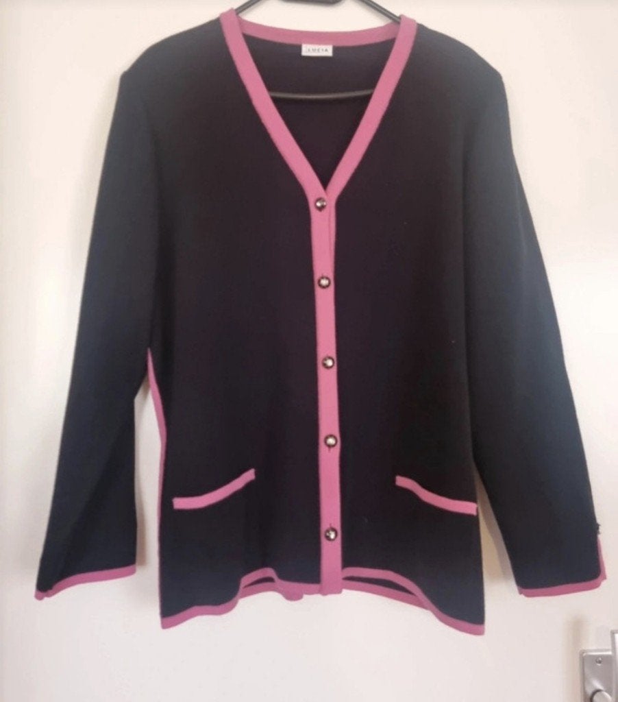 Vintage 80's 90's gebreid vest in zwart met roze trim mt 44, Zwart, Maat 42/44 (L), Ophalen of Verzenden, Zo goed als nieuw
